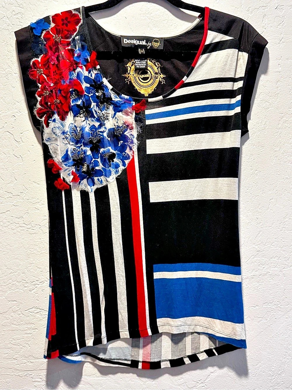 Desigual Floral Color Block Short Sleeve Top Size Small